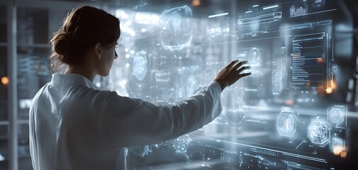 Poster - a woman interacting with a futuristic holographic display, showcasing advanced technology and data v