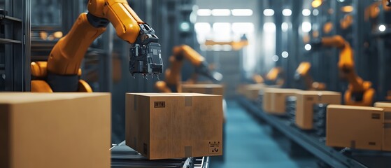Poster - Advanced robotic arms efficiently sorting packages in a modern warehouse environment, showcasing automation technology.