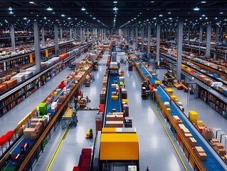 Poster - Aerial view of a large warehouse filled with organized shelves and packages, showcasing efficient logistics and storage solutions.