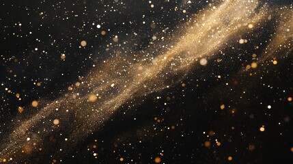 Flurry of golden glitters shimmering in the black space, resembling a sparkling cosmic nebula