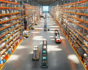 Poster - Aerial view of a modern warehouse filled with inventory and automated vehicles for efficient logistics and storage operations.