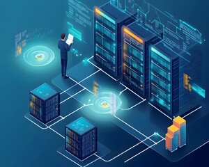 Poster - An abstract representation of data management with servers, networks, and digital analytics for modern technology.