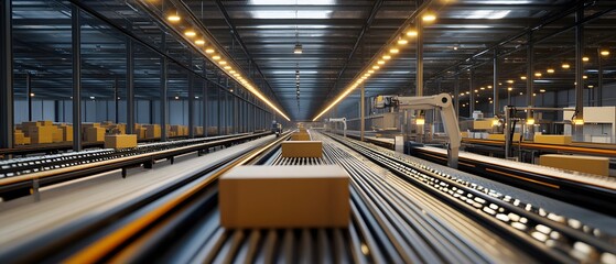 Poster - An automated logistics center showcasing packages on a conveyor belt in a modern warehouse environment.