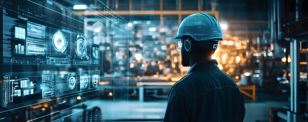 Poster - An engineer analyzes digital data in a high-tech industrial environment, showcasing innovation and modern technology.