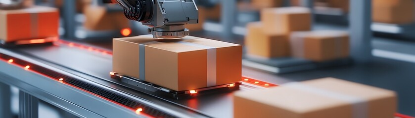 Poster - Automated conveyor system with robotic arm handling cardboard packages in a warehouse setting for efficient logistics.