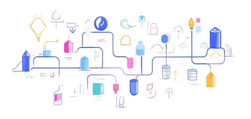 Poster - Colorful digital flowchart illustrating connections between various elements in a modern network design.