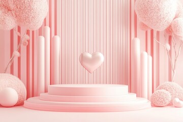 Poster - 3D Heart-Shaped Pastel Podium for Romantic Valentine's Day Presentation