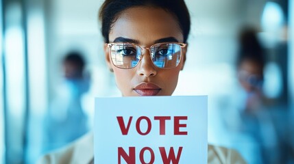 Woman holding a sign that reads 'Vote Now' in a modern setting