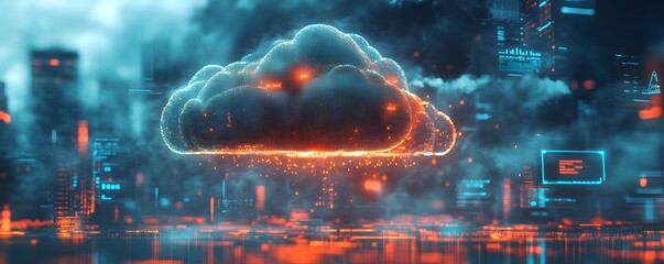 Poster - Futuristic cloud storage concept with digital elements and vibrant glow, representing cloud technology and data management.