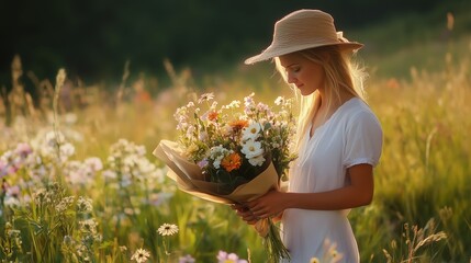 Poster - A young woman in a summer dress holds a bouquet of wildflowers in a vibrant field during golden hour