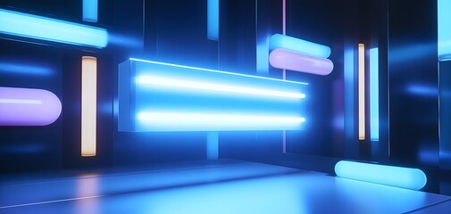 Poster - Futuristic interior with glowing neon tubes and vibrant lights, perfect for technology, design, and creative backgrounds.