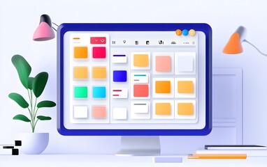 Poster - Modern computer workspace showcasing vibrant color palettes on a sleek screen, ideal for design and creativity.