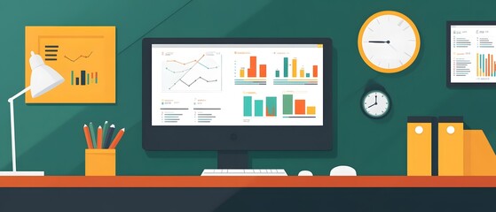 Fototapete - Modern office workspace featuring a computer, charts, and organizational tools for productivity and analysis.