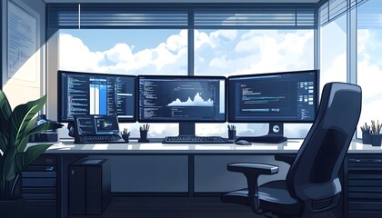 Fototapete - Modern office workspace featuring multiple screens, coding visuals, and a stylish office chair against a bright window view.
