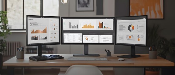 Fototapete - Modern office workspace featuring three monitors displaying data analytics and charts for effective business management.