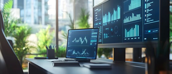 Fototapete - Modern workspace featuring multiple screens with data graphs and vibrant greenery, ideal for tech and productivity themes.