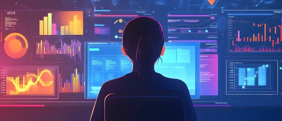 Fototapete - Silhouette of a person analyzing data on multiple screens, showcasing vibrant visualizations in a futuristic environment.