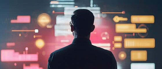 Poster - Silhouette of a person engaged in digital analytics, surrounded by colorful data visualizations and complex information displays.