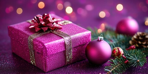 Festive Gift Box and Decorations on Radiant Purple Background