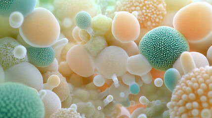 a colorful and abstract 3d illustration depicting microscopic cells and molecules, showcasing their 