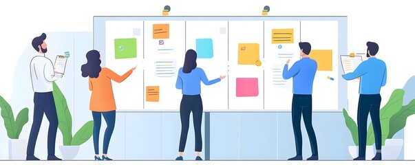 Poster - Team collaboration in a modern office, brainstorming and discussing ideas on sticky notes during a productive meeting.