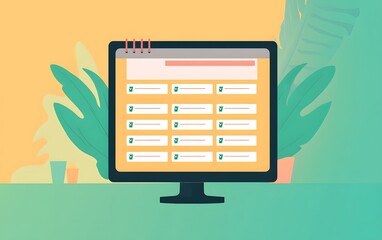 Fototapete - A colorful illustration of a computer monitor displaying a user interface with data input fields, surrounded by green plants.