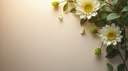 Wall Mural - Daisies with bright white petals and yellow centers are gracefully placed against a soft pastel backdrop, surrounded by budding flowers. The gentle lighting enhances the tranquil atmosphere