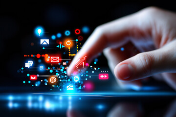 A hand is touching a screen with a lot of icons and buttons