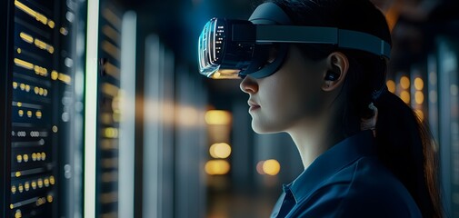 Poster - A focused individual wearing a virtual reality headset, immersed in technology, surrounded by server racks in a modern data center.