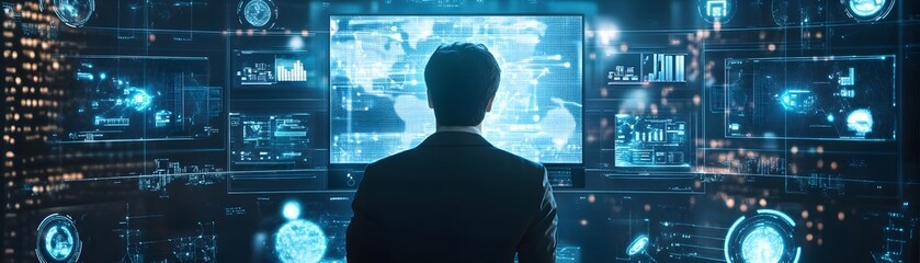 Poster - A focused professional analyzing complex data on multiple screens in a high-tech environment, showcasing modern technology and innovation.
