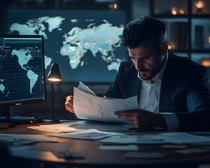 Poster - A focused professional analyzing documents in a dimly lit office, surrounded by maps and technology.