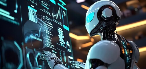 Poster - a futuristic robot interacting with a digital interface, showcasing advanced technology and data pro