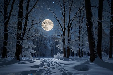 a winter snowy landscape at night in a forest with a bright moon 