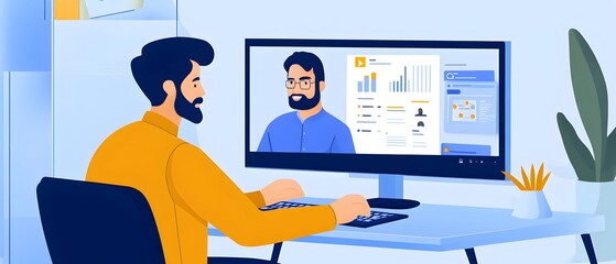 Poster - A man analyzing data on a computer screen, showcasing graphs and statistics in a modern workspace setting.