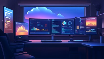 Poster - A modern workspace showcasing multiple monitors with data analytics, set against a tranquil twilight backdrop.