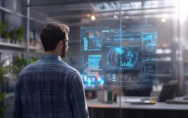 Poster - A person analyzes advanced data on a transparent screen in a modern office setting, showcasing technology and innovation.