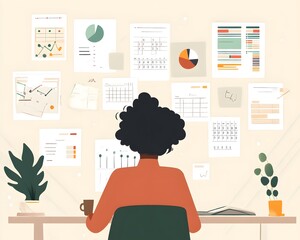 Poster - A person analyzing data on a wall with charts, graphs, and notes, illustrating organization and productivity in a workspace.