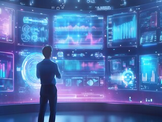Poster - a person analyzing data on multiple digital screens displaying vibrant graphs and statistics in a fu