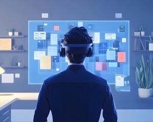 Poster - A person wearing a virtual reality headset interacts with a digital interface in a modern workspace, showcasing technology and innovation.