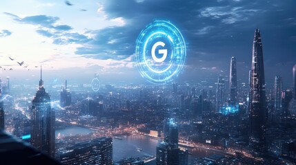 Poster - Holographic 6G emblem hovering over a city skyline