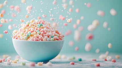 A colorful explosion of cereal pieces bursts from a white bowl, creating a playful and vibrant breakfast scene against a soft blue background.