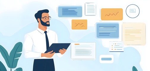 Poster - A professional man analyzes data on a tablet, surrounded by documents and charts, illustrating modern business strategies.