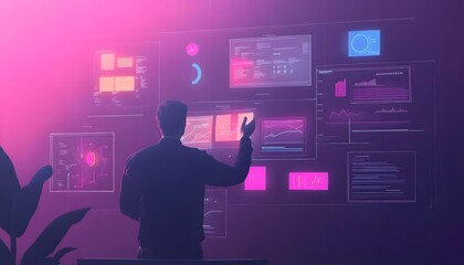 Fototapete - A silhouette of a person interacting with futuristic digital screens in a vibrant, colorful environment.