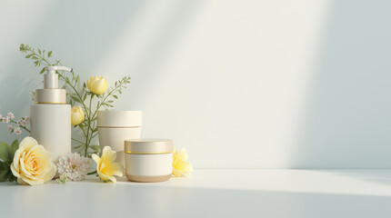 Sticker - A serene display features skincare containers alongside delicate roses and greenery, illuminated by soft natural light on a minimalist surface