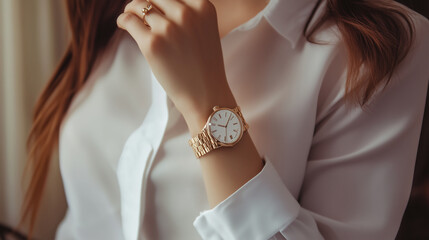 Young woman wear casual white dress shirt show hand with watch and golden bracelet