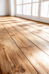 Wall Mural - A rustic interior featuring warm pine wood flooring illuminated by natural light streaming