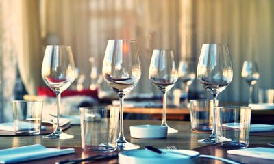 glasses on the table set for dinner