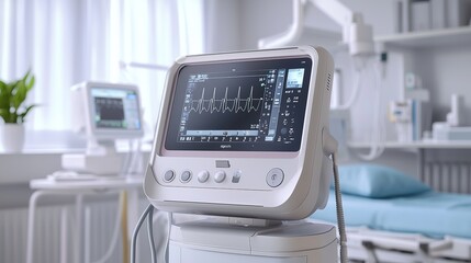 A medical monitor displays vital signs in a bright, sterile hospital room, highlighting healthcare technology and patient monitoring systems.