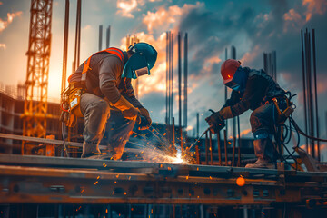 two construction workers wearing protective gear are welding metal beams on a building site during s