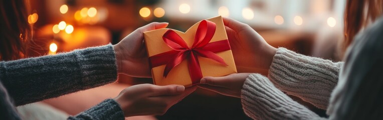 Cozy indoor moment of two people exchanging a heart-shaped gift box wrapped in red ribbon on a couch. Wide web banner.